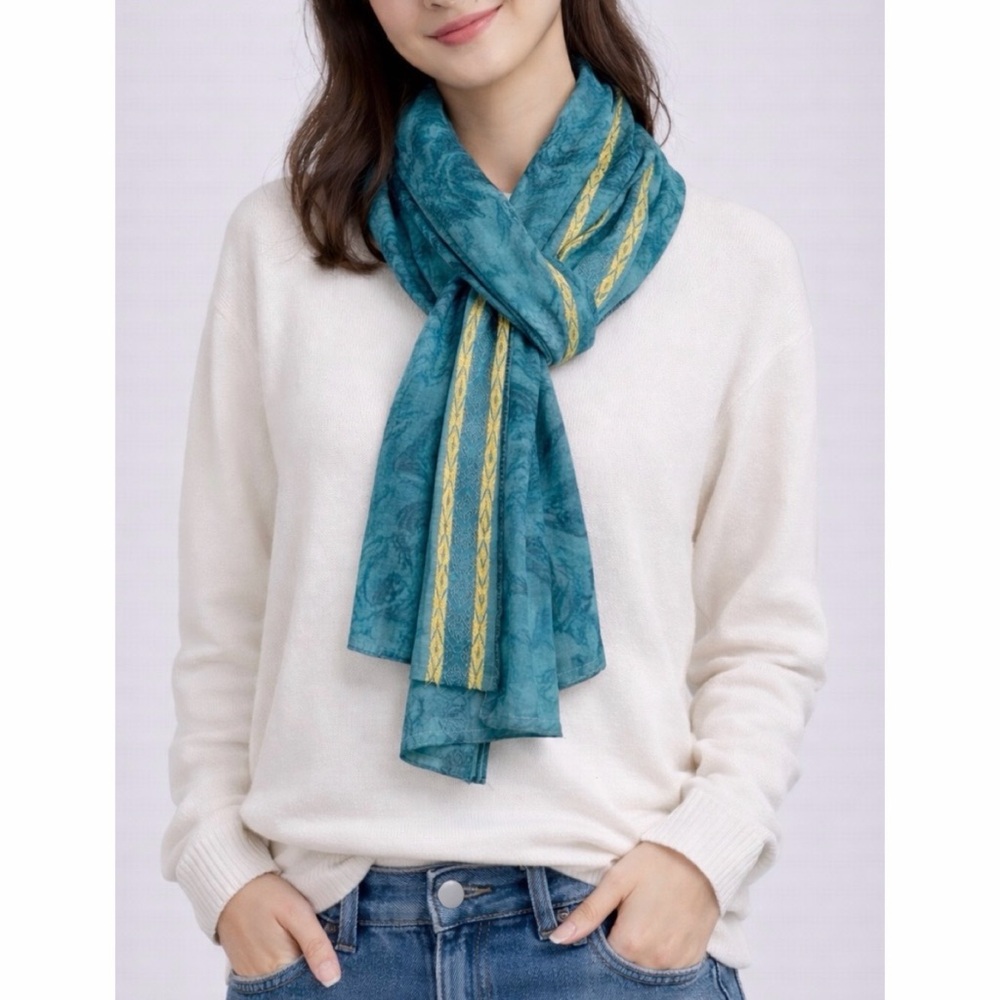 Blue/Green Teal Tie Dye Gold Trimmed Malaysian Scarf